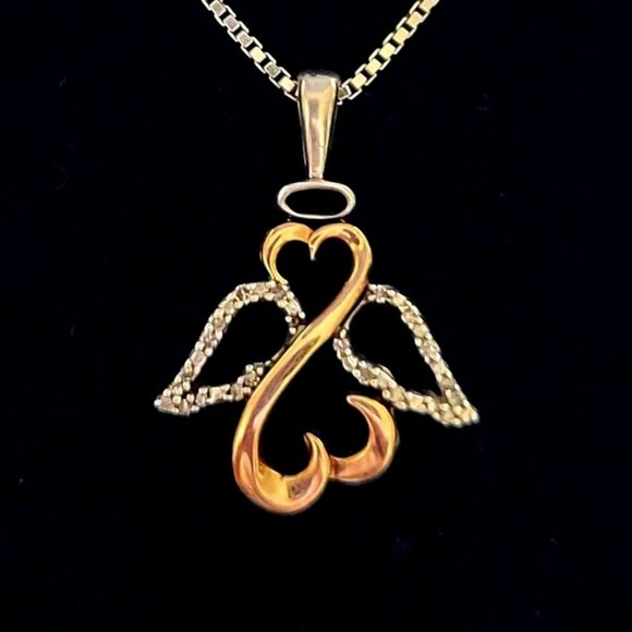 Jane Seymour Open Heart's SS & 10k Rose Gold Angel W/Diamond Necklace - Picture 1 of 3